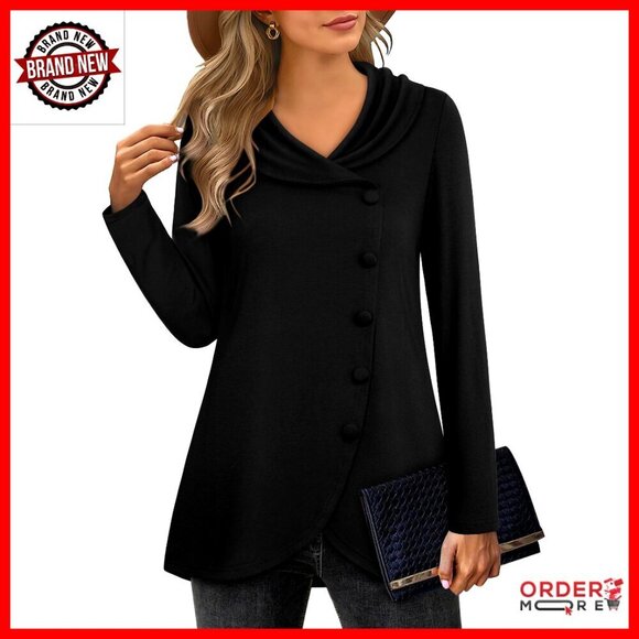 Tops - Long Sleeve Tulip Hem Sweatshirt with Shawl Neck, Buttons Side Design